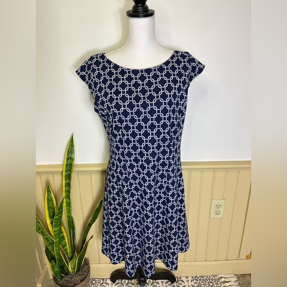 Sara Campbell Dress M Navy Chain Link Print Fit & Flare Made in USA